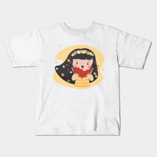 cute chubby girl having watermelon with water splash cute cartoon character design Kids T-Shirt